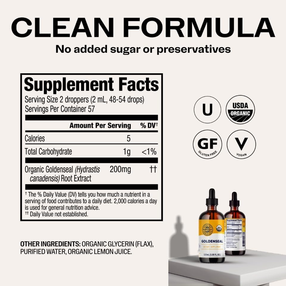 Vimergy USDA Organic Goldenseal Supplement – 57 2mL (2 Droppers or 48-54 Drops) Servings (200mg Extract Per Serving). Vegan, Alcohol-Free Golden Seal herb Drops Great for Tea (115 mL)