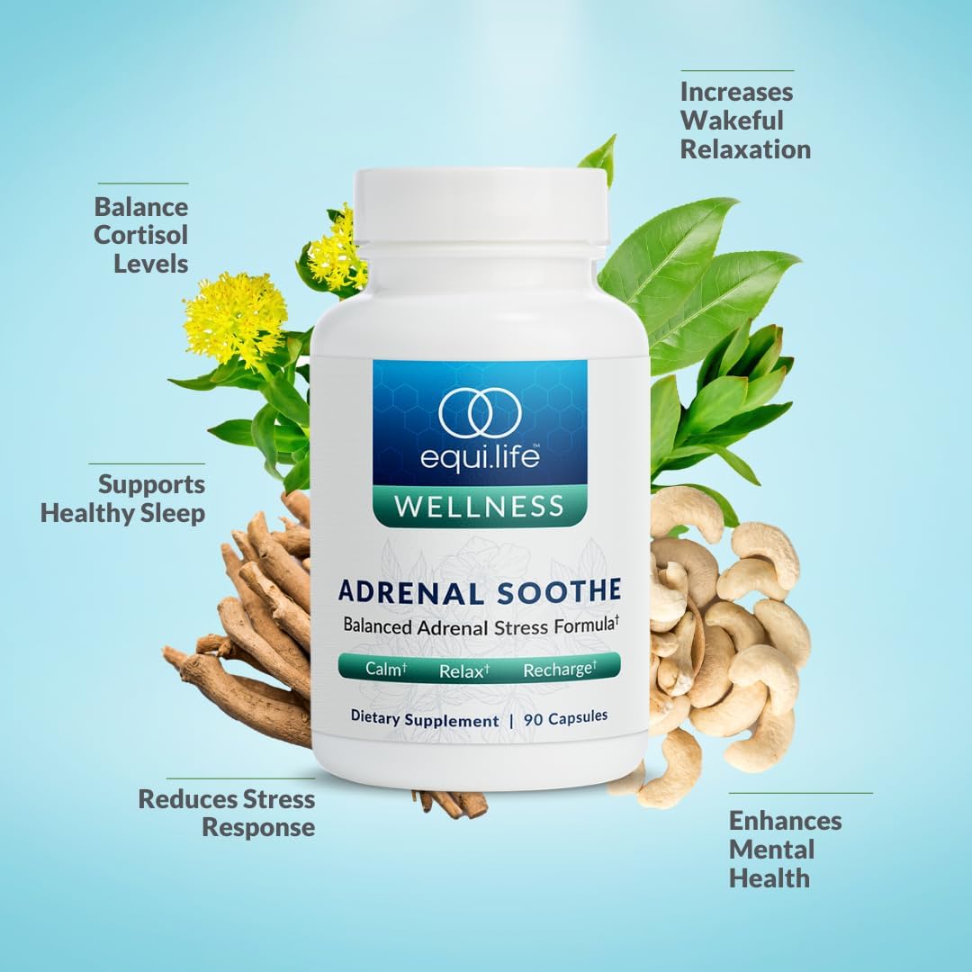 Equilife Adrenal Soothe - Balance Cortisol & Sleep Support - 90 Capsules | Ashwagandha | L-Theanine | Mental Health Support | Supplements for Men & Women | Gluten Free | Vegan | Dairy Free | Non-GMO