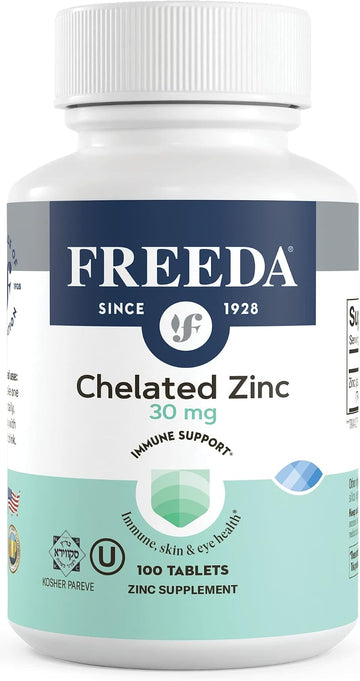 Freeda Chelated Zinc 30mg – TRAACS® Zinc Bisglycinate for High Absorption – Vegan, Kosher, Gentle on Stomach – Immune Support for Adults, Men & Women – 100 Tiny Tablets | For Adult Men & Women – High Absorption Formula – Antioxidant Support, Gentle on Sto