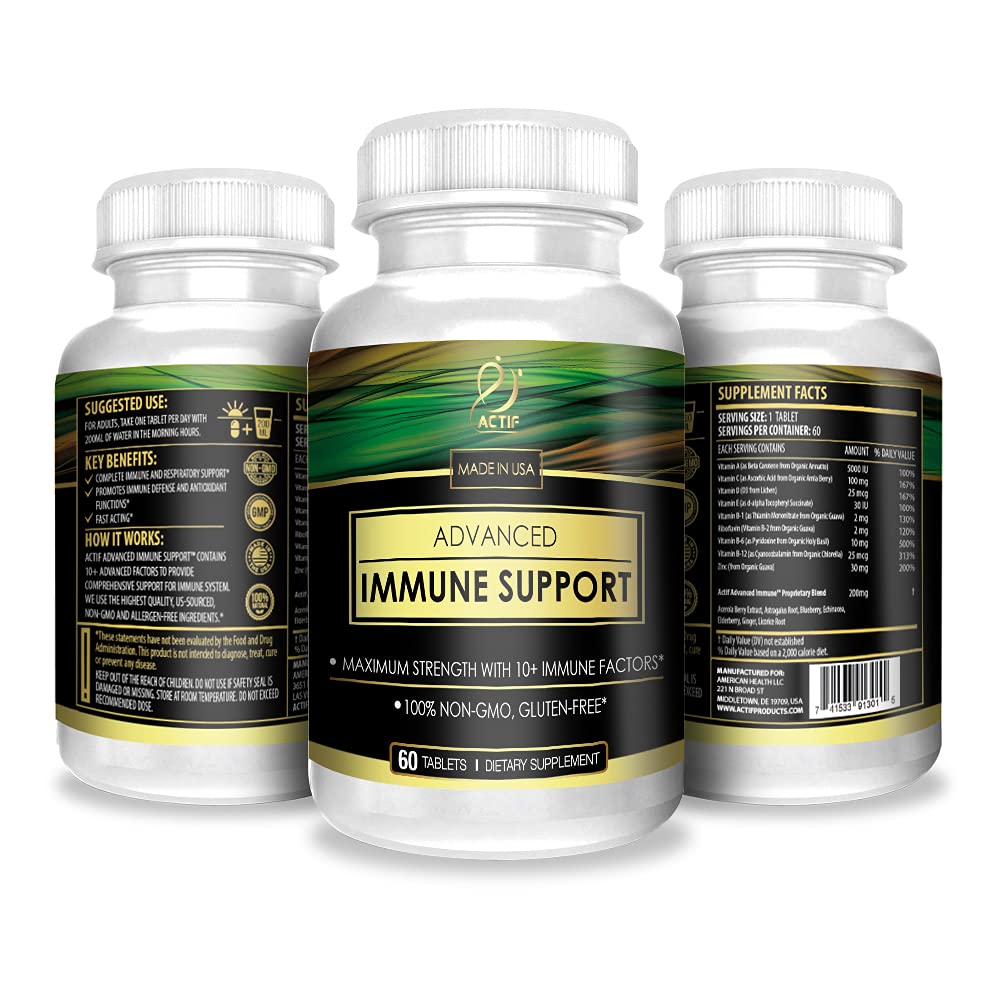 Box of Advanced Immune Support dietary supplement with green and gold design.