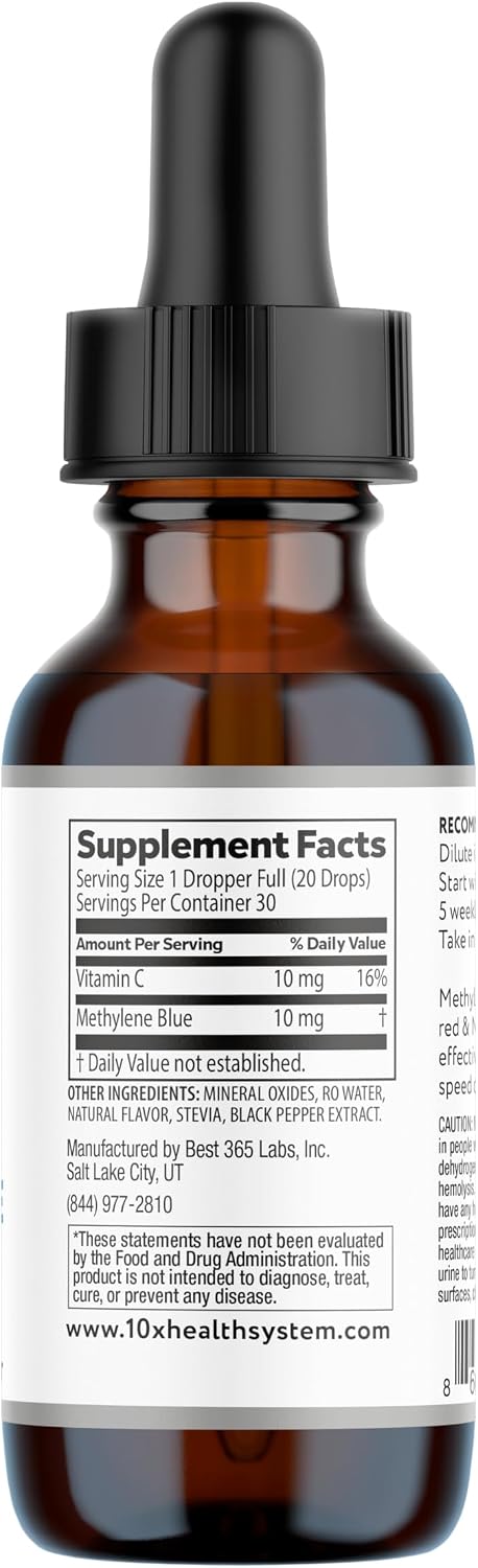 10X Health Methylene Blue Drops - 30ml Drops | Focus Support Supplement: With Black Pepper Extract, Energy Support, Vegan, Non-GMO, 30ml