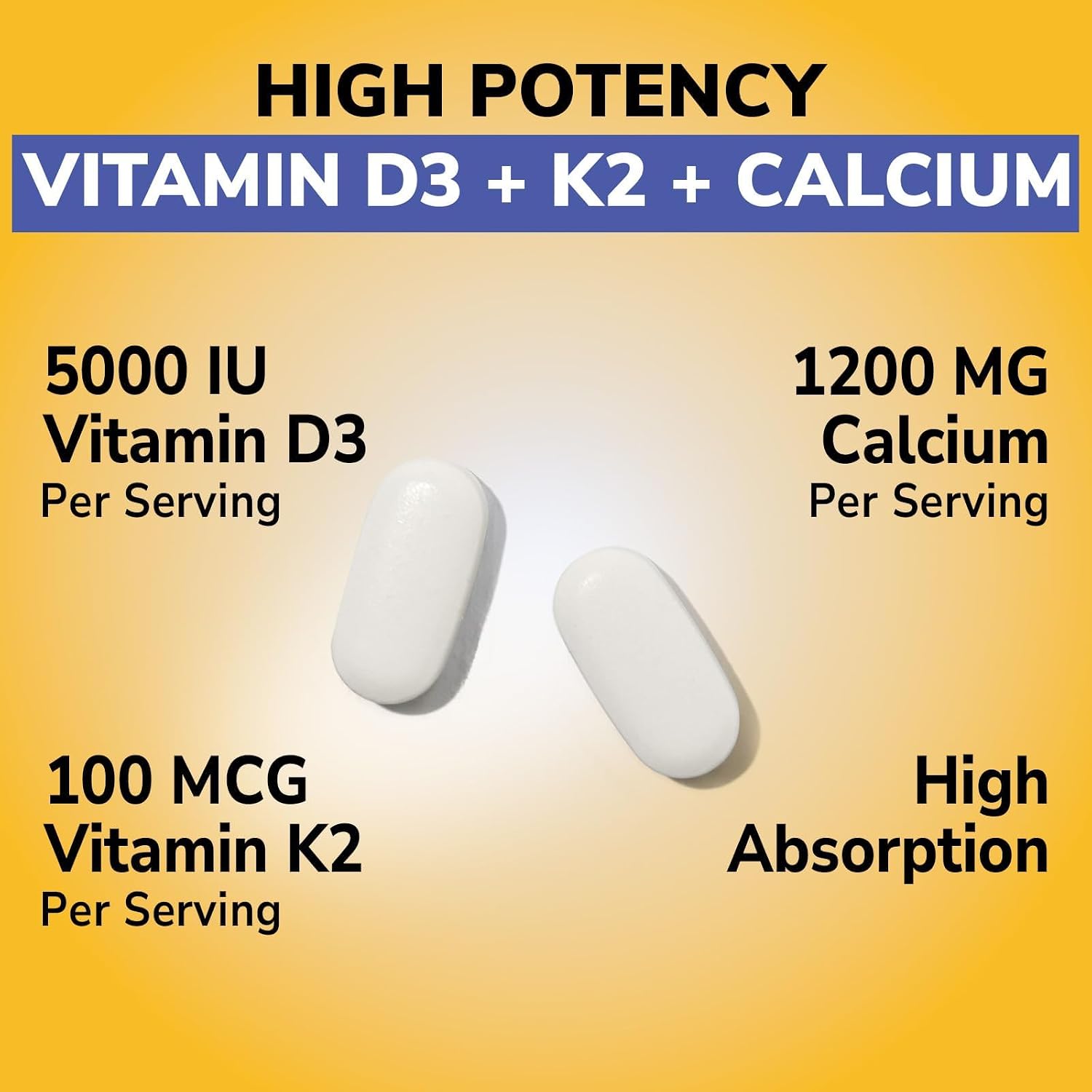 Vitalibre Vitamin D3 K2 + Calcium Supplements for Women & Men, 60 Tablets | Calcium 1200 mg with Vitamin D3 K2 5000 iu, High Absorption for Strong Bones, Teeth, Heart, Immune Health