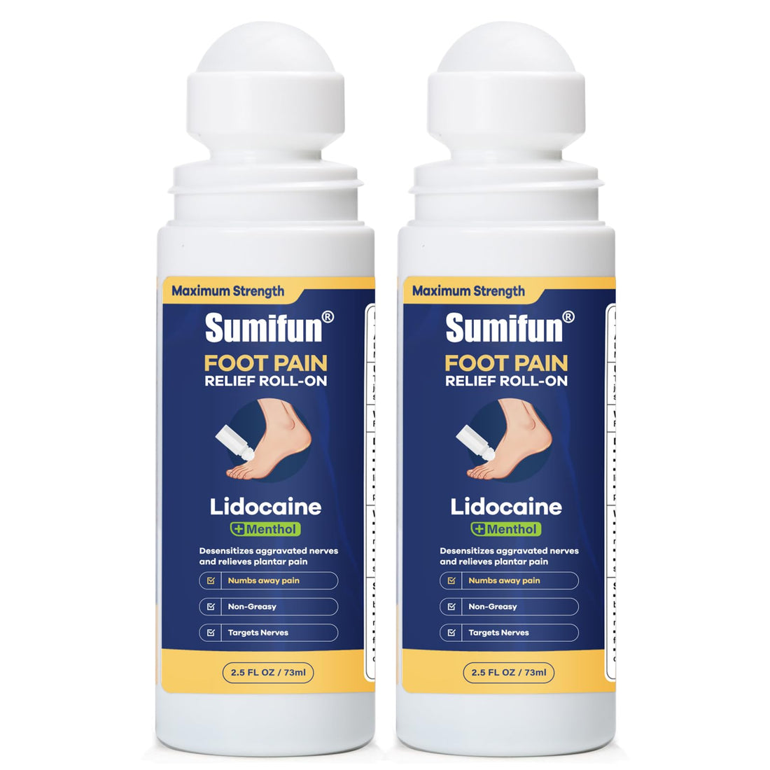 Sumifun Foot Pain Relief Lidocaine Roll-On - Maximum Strength OTC for Plantar Fasciitis & Heel Pain - Fast-Drying, Non-Greasy Formula, 2.5 Fl Oz * 2 SumifunBuy Supplements Australia