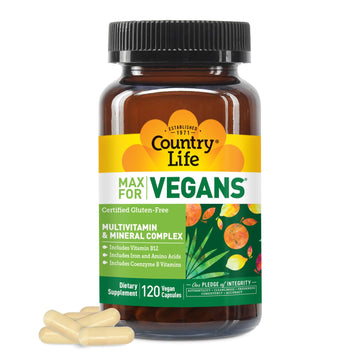 Country Life Max for Vegans - 120 Vegan Capsules - Daily Multivitamins - Immune Support Supplement - Contains Vitamin B12, Iron, Amino Acids, Coenzyme B Vitamins - Gluten-Free Country LifeBuy Supplements Australia