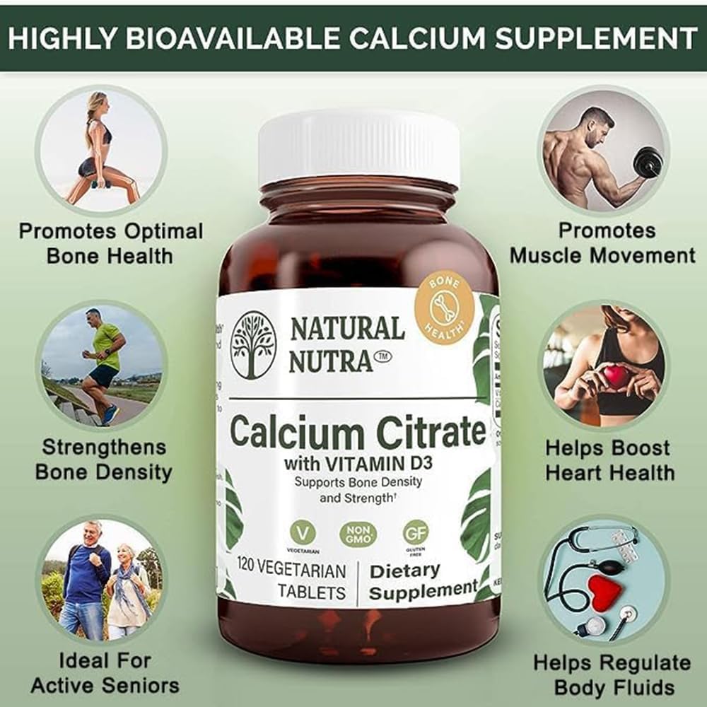 Natural Nutra Calcium Citrate with Vitamin D3 120 Tablets | Supplement for Bone Strength, Promotes Muscle Movements & Bone Health, Boosts Heart Health, Ideal for Active Seniors