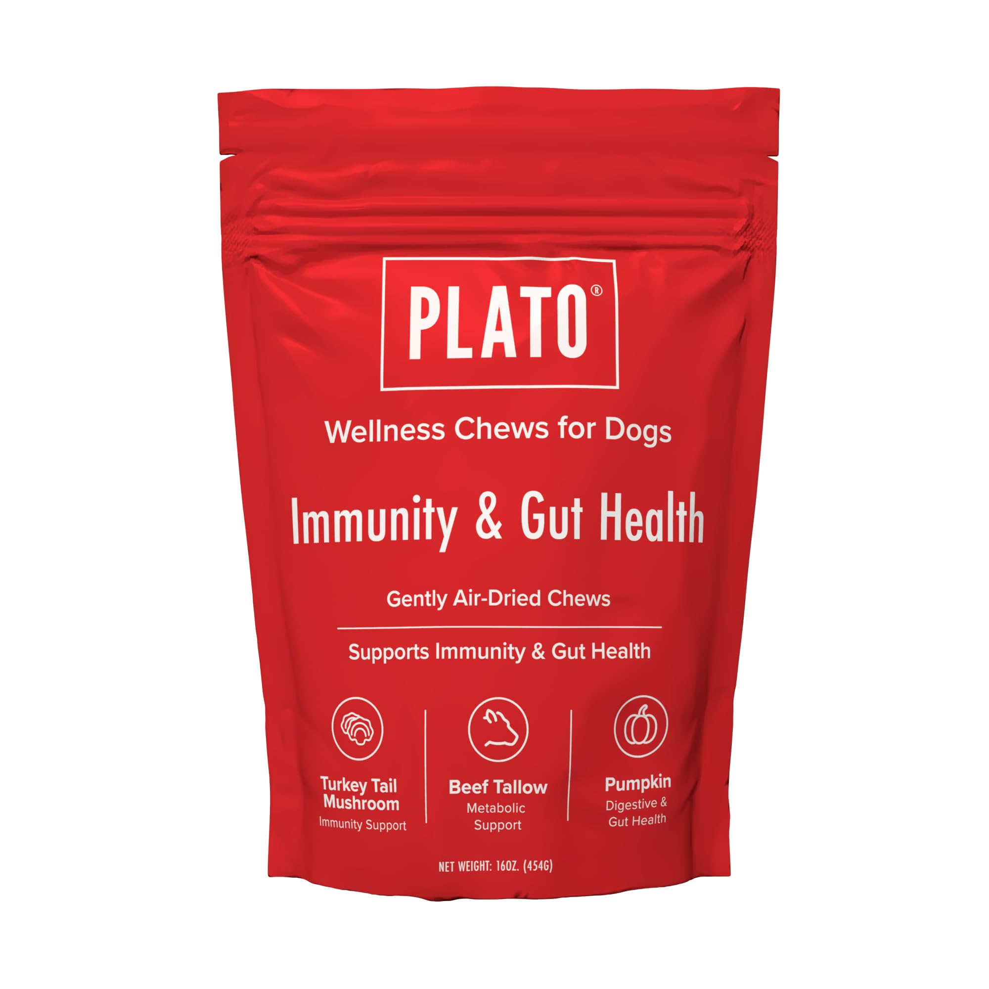 PLATO Pet Treats Air-Dried Wellness Chews for Dogs – Functional Dog Chews – Supports Immunity & Gut Health – Turkey Tail Mushroom, Pumpkin & Beef Tallow Recipe 8oz