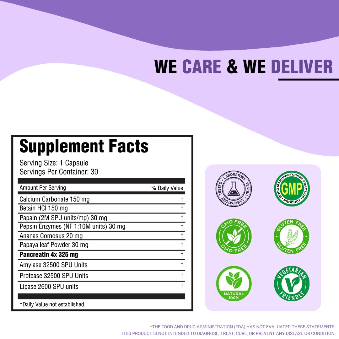 Enzyme blend supplement packaging with purple and white design.