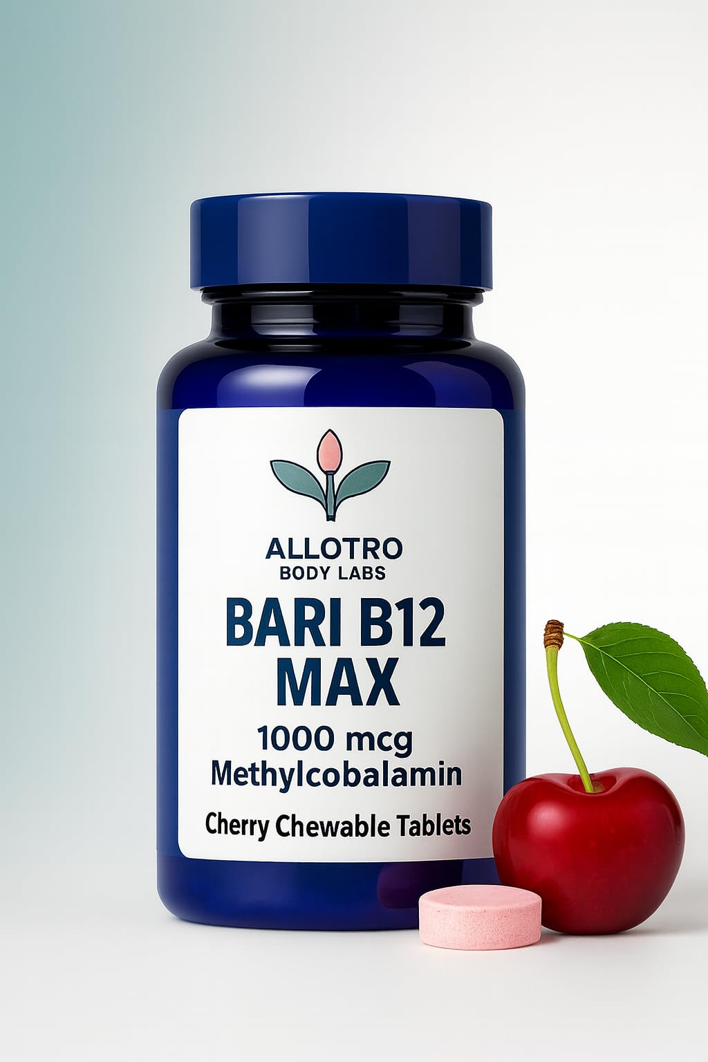 Two supplement bottles, 'Bari Liquid Force' and 'Allotro Bari B12 Max', with a cherry on a light blue background.