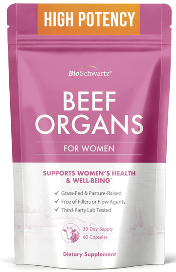 BioSchwartz Primal Beef Organ Supplement for Women - 60 Capsules - Grass-Fed & Pasture-Raised - Supports Healthy Hair Skin and Nails, Hormone Balance - with Bovine Liver, Kidney, Heart, Uterus Powder BioSchwartzBuy Supplements Australia