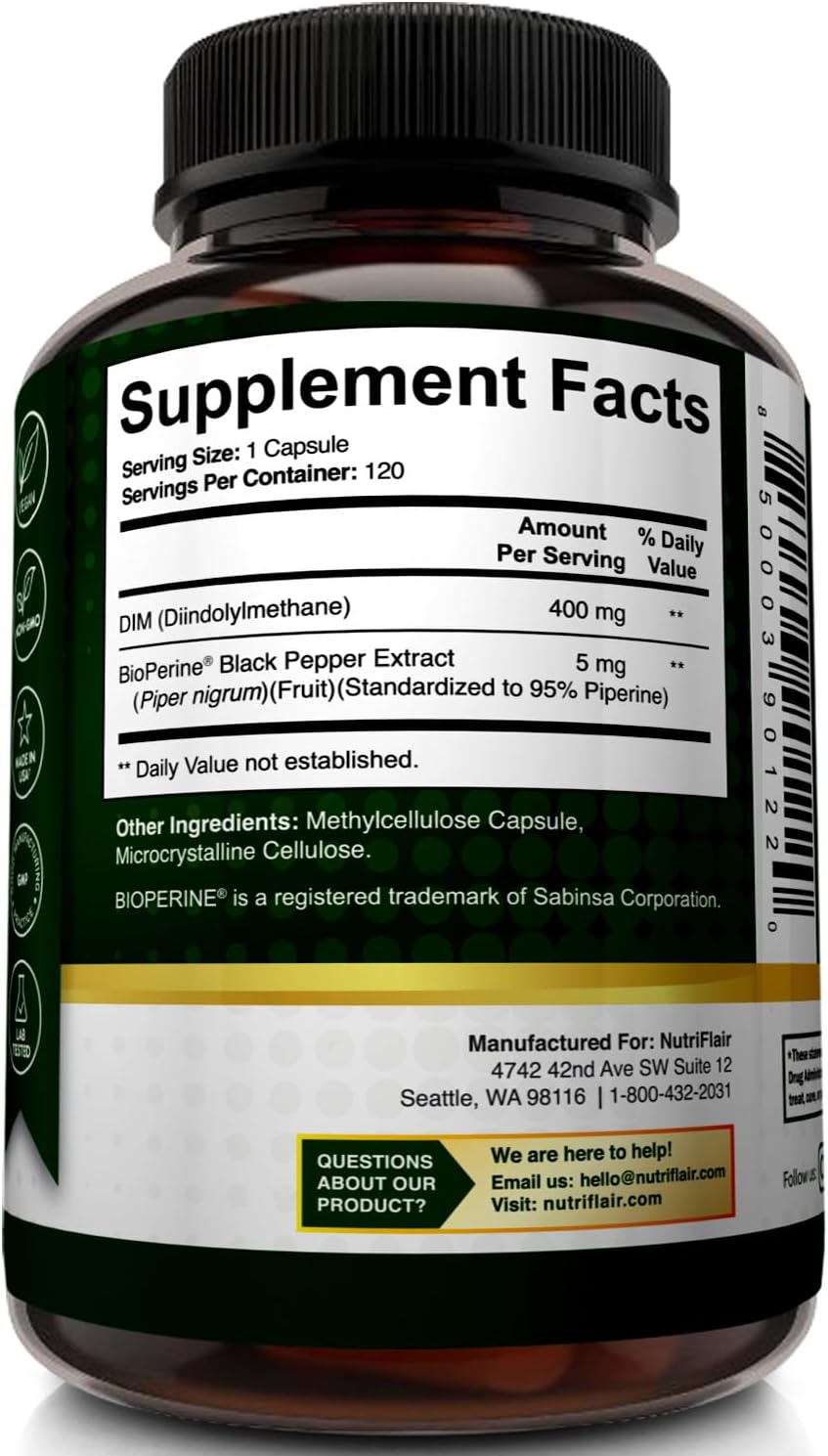 NutriFlair DIM 400mg with BioPerine, 120 Capsules - High Potency Diindolylmethane Supplement - for Men & Women - Vegan, Non-GMO - 4 Month Supply