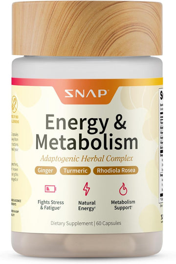 Snap Supplements Energy & Metabolism Adaptogenic Herbal Complex, 60 Count | Ginger, Turmeric, Rhodiola Rosea, Vitamin B12, Support Metabolism, Natural Energy, 30-Day Supply, Vegan, Gluten-Free, Non-GMO