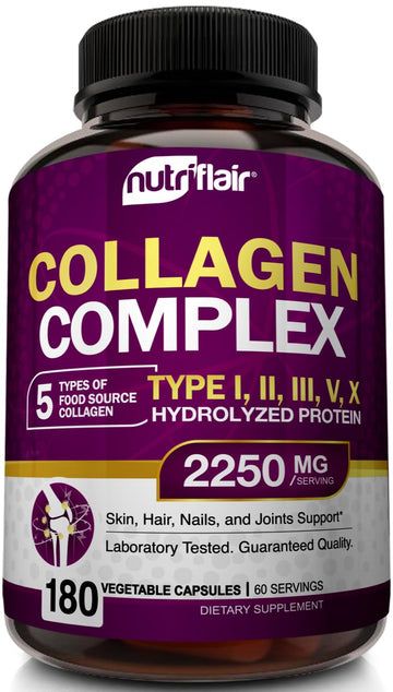 NutriFlair Multi Collagen Peptides 2250mg - Type I, II, III, V, X - Collagen Supplements Complex Powder Pills for Women and Men - Hydrolyzed Protein, Healthy Hair, Skin, Nails - Non-GMO (180 Capsules) NutriFlair buy supplements Au