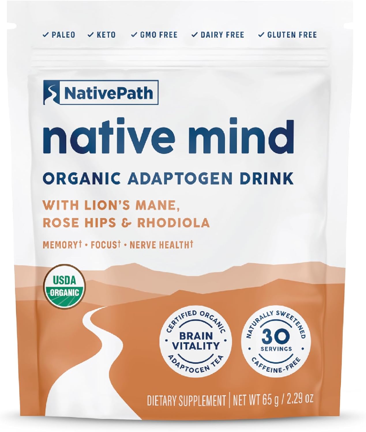 NativePath Native Mind Organic Adaptogen Herbal Support Blend - Organic Mushroom Drink Powder with Lion's Mane, Rhodiola & Rose Hips - 30 Servings | Rhodiola & Rose Hips In Peppermint, Supports Focus, Calm & Immune Health, Caffeine-Free, Organic, Keto