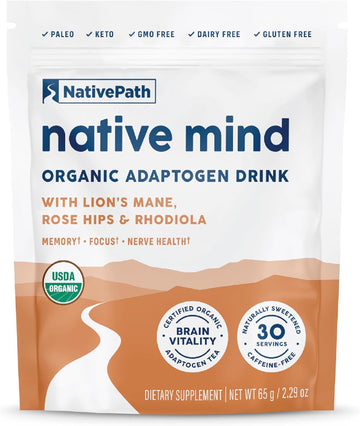 NativePath Native Mind Organic Adaptogen Herbal Support Blend - Organic Mushroom Drink Powder with Lion's Mane, Rhodiola & Rose Hips - 30 Servings | Rhodiola & Rose Hips In Peppermint, Supports Focus, Calm & Immune Health, Caffeine-Free, Organic, Keto