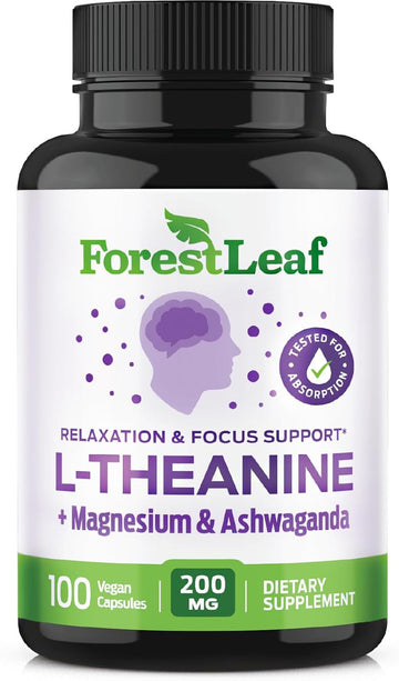 ForestLeaf L Theanine Supplement - L-Theanine 200mg with Ashwagandha and Magnesium for Focus, Stress Relief & Relaxation - Non-GMO & Gluten Free - 100 Caps
