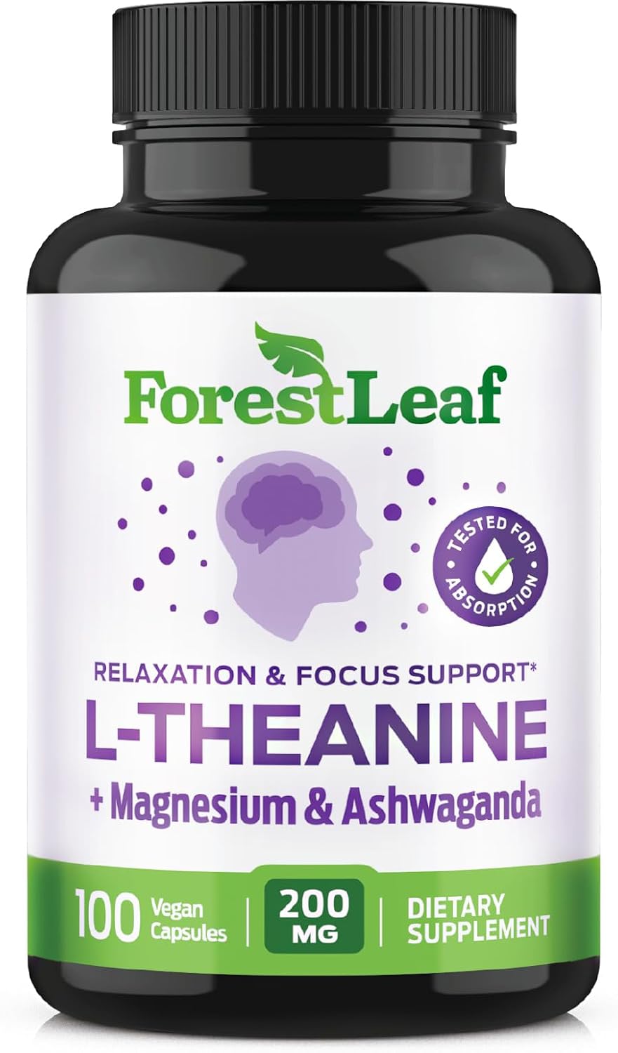 ForestLeaf L Theanine Supplement - L-Theanine 200mg with Ashwagandha and Magnesium for Focus, Stress Relief & Relaxation - Non-GMO & Gluten Free - 100 Caps