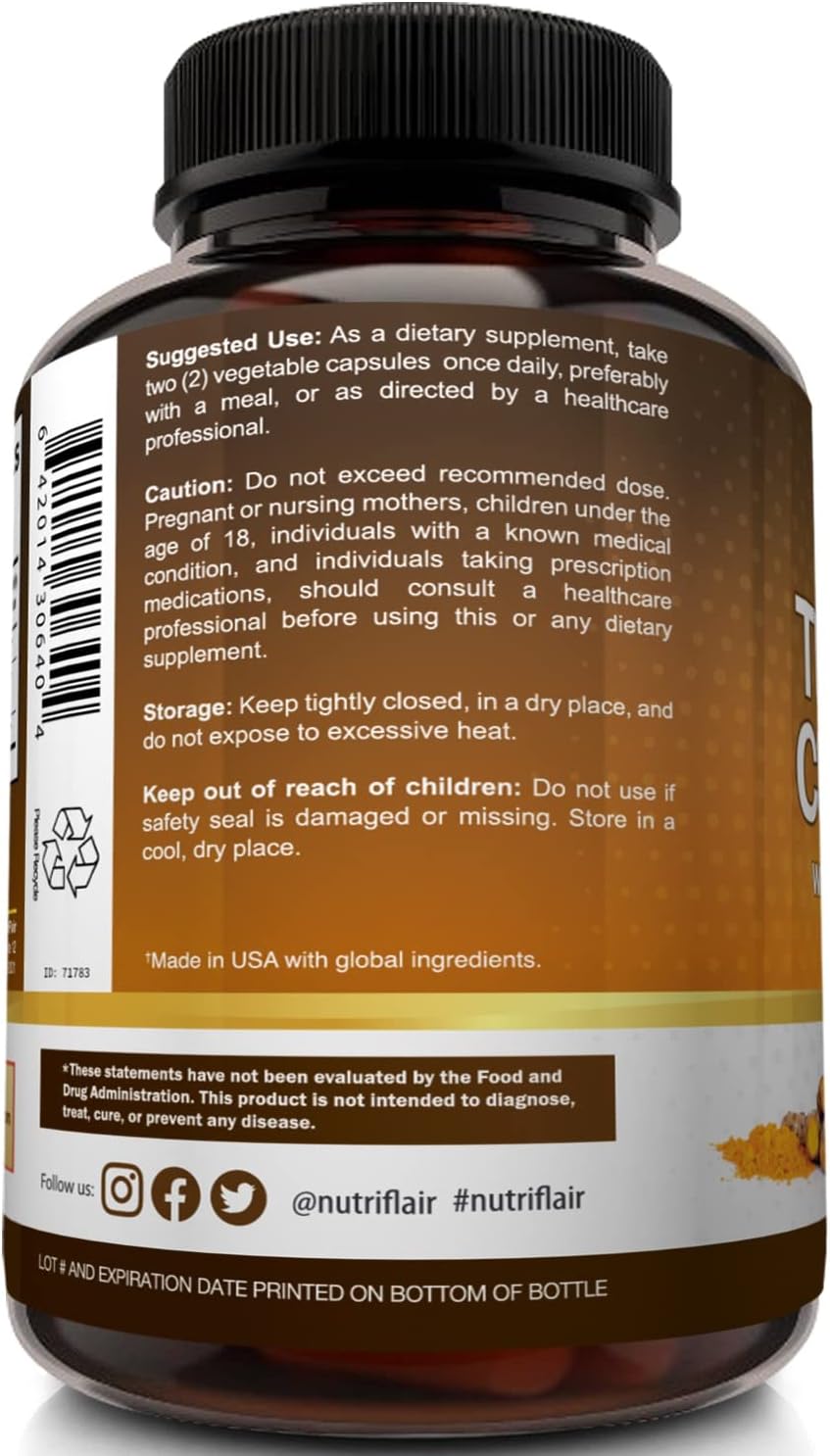 NutriFlair Turmeric Curcumin with BioPerine - 1300mg, 180 Capsules - 95% Standardized Curcuminoids Turmeric Supplement Extract with Black Pepper for Optimal Absorption - 180 Capsules