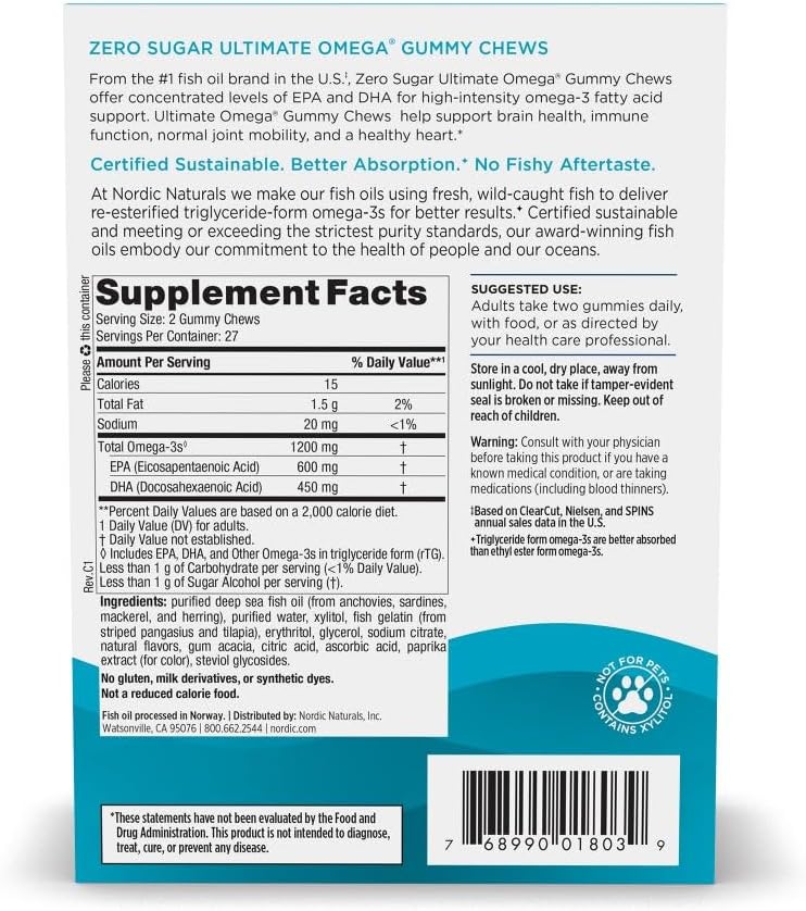 Nordic Naturals Omega 3 Gummies - Ultimate Omega - 54 Count - Tropical | Tropical Fruit gummies. Zero sugar. High-potency omega-3 (Ultimate Omega formula). Heart & brain support. Non-GMO. 54 count.