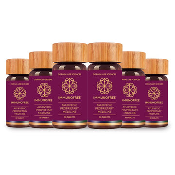 Row of Corival Life Sciences Immunofree Ayurvedic Proprietary Medicine bottles on a white background