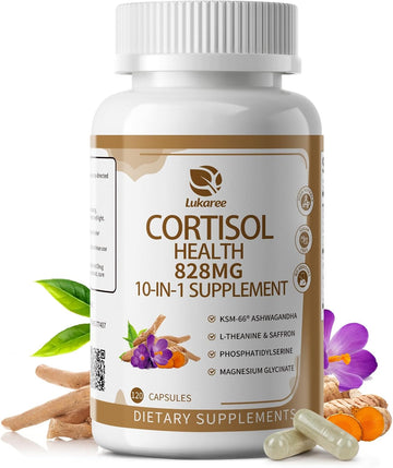 Lukaree Cortisol Supplements for Women and Men, with KSM-66® Ashwagandha | 10-IN-1 Cortisol Reducer with L-Theanine, Magnesium, Saffron & Phosphatidylserine, GMP Quality, 120 Capsules, 60-Day Supply