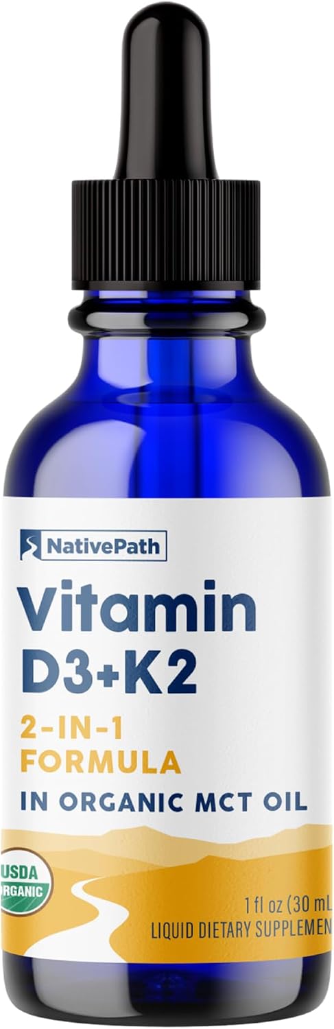 NativePath D3K2 Tincture – 2000IU Vitamin D3 and Vitamin K2 Supplement with Organic MCT Oil – 1 Fluid Ounce – Rapid Bioavailability Multi-Vitamin for Bone Strength and Total Body Wellness, 30 Servings