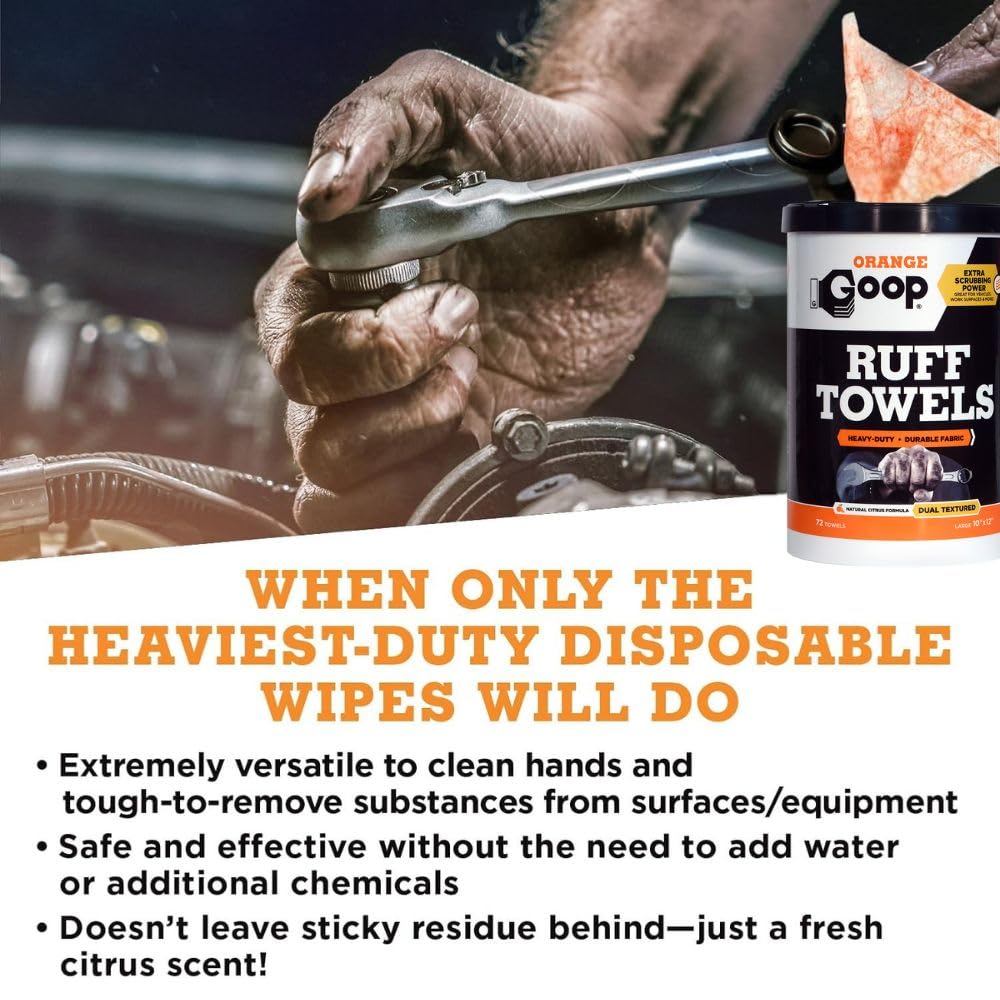 GOOP Orange Heavy Duty Ruff Towels with Scrubbing Power, 10” x 12” Dual Textured Multi-Purpose Cleaning Wipes, Removes Dirt, Grease, Oil, 72 Count