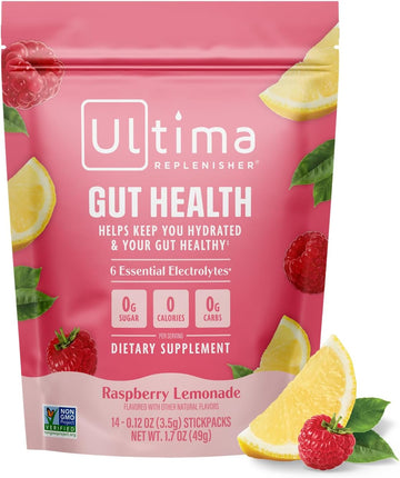 Ultima Replenisher Gut Health Supplement, Raspberry Lemonade, 14 Stickpacks | Daily Zero Sugar Electrolyte Powder Hydration Packets with 6 Key Electrolytes, Prebiotics & Probiotics for Gut Health Support
