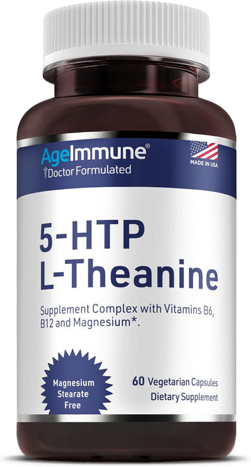5-HTP 100mg with L-Theanine 400 mg Formula for Stress Relief and Relaxation Support for Teens and Adults with Vitamins B6 - B12 and Magnesium Bisglycinate - Doctor Formulated – without stearates.
