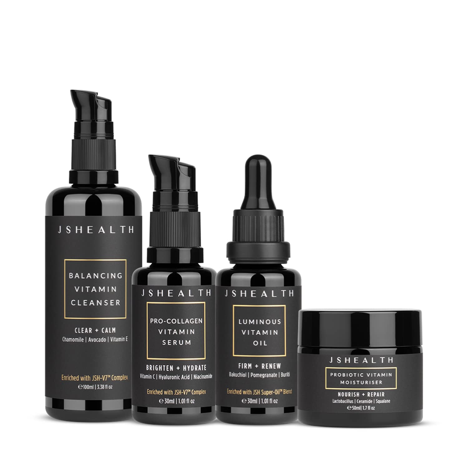 JSHealth 4-Step Vitamin Skincare System Clean, Hydrate, Firm, Repair | Complete Skin Care Routine with Vitamin C Serum, Moisturizer, Face Oil, & Facial Cleanser