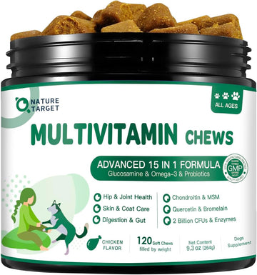 NATURE TARGET Multivitamin for Dogs, 120 Soft Chews, Chicken Flavor | with MSM & Glucosamine, Omegas 3 & 6, & Probiotics for Digestive Health, Joint Support, Skin & Coat, Immune & Overall Health