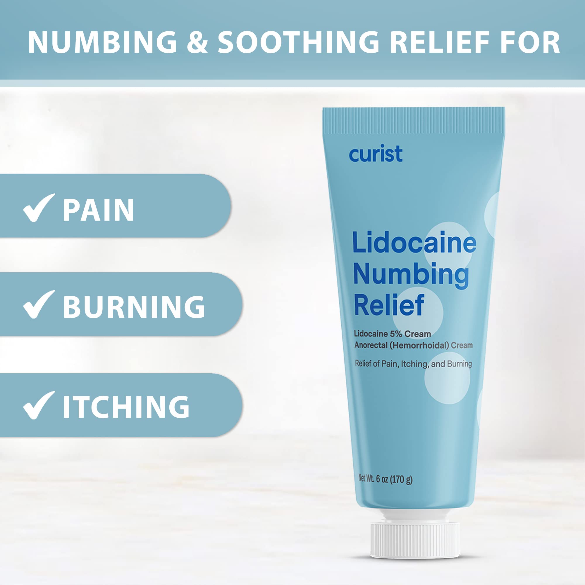 Curist 5% Lidocaine Numbing Cream - 6 oz (170 g) XL Tube - Soothing Numbing Cream for Temporary Discomfort, Itching, and Burning from Hemorrhoids Lidocaine 5% (1 Pack - 6 oz Tube)