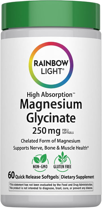 Rainbow Light Magnesium Glycinate 250 mg | 60 Softgels | High Absorption | Supports Nerve, Bone, & Muscle Health | Chelated Form of Magnesium | Non-GMO and Gluten Free