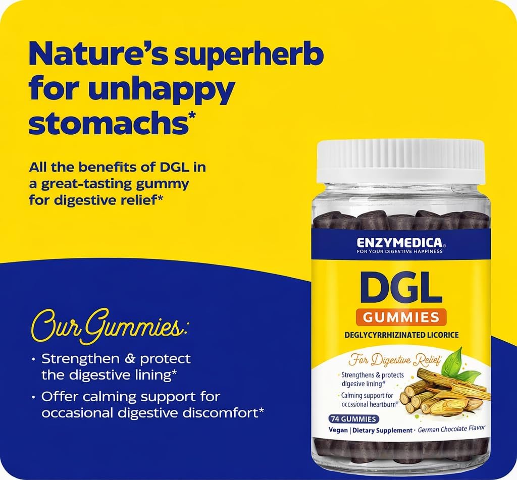 Enzymedica DGL Supplement for Men & Women - DGL Deglycyrrhizinated Licorice Gummies for Digestive Support & Gut Health, Soothes Stomach & Occasional Heartburn, Gluten Free, Vegan, Chocolate - 74 Count