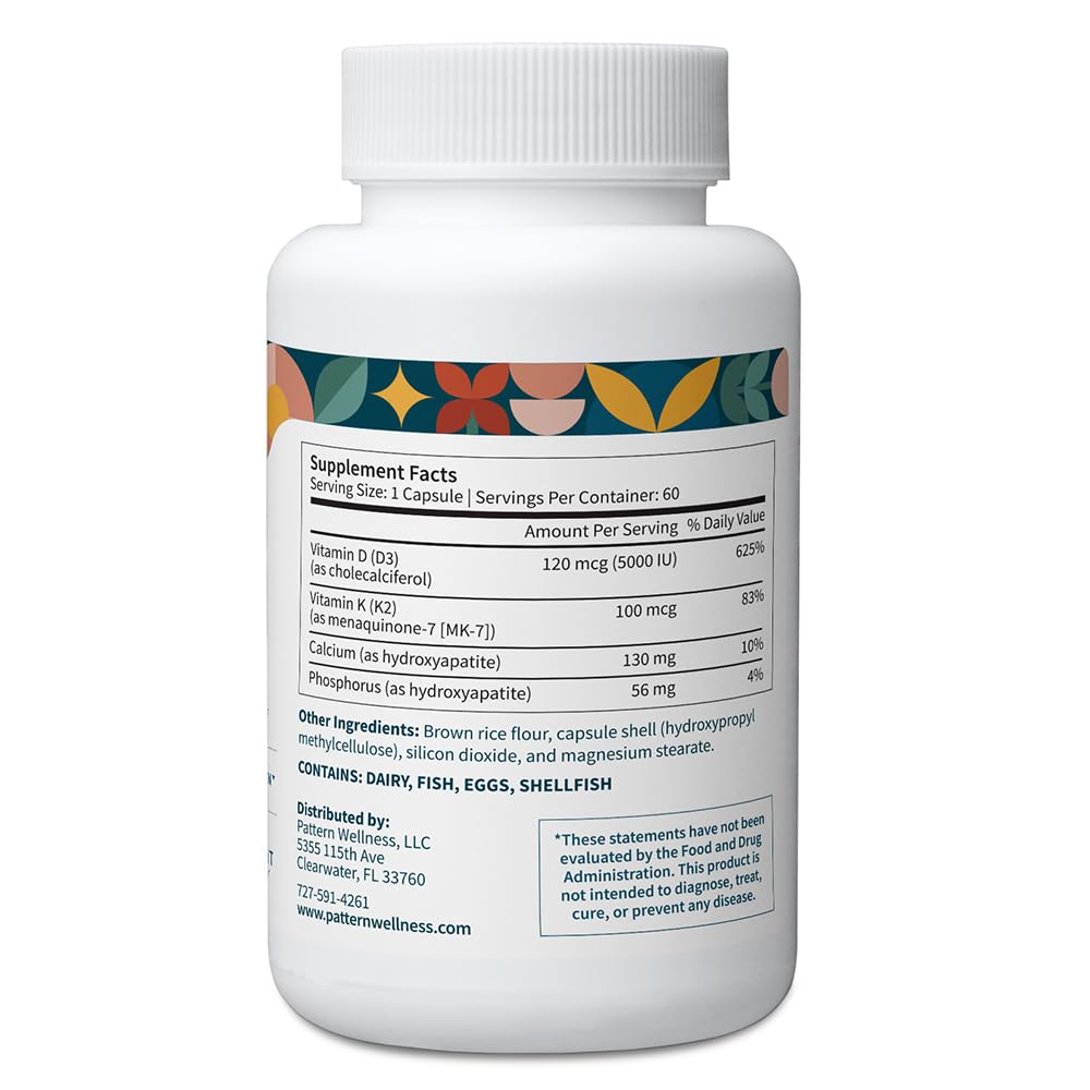 Pattern Wellness Vitamin K2 & D3 Supplement with Calcium – Bone Health, Circulatory Wellness & Immune Support - Non-GMO - 60 Capsules