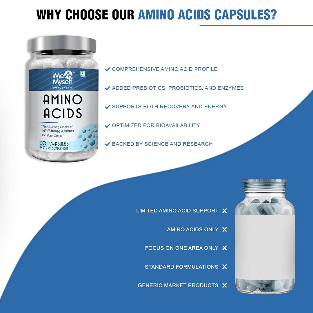 Amino acids supplement bottle and packaging with 'iMe & Myself' branding on a white background.