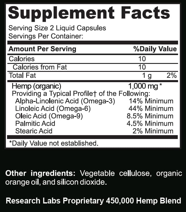 Research Labs Premium Hemp Capsules, 2 Fer 1 Package! 100% Organic All Natural Oil, Worry Nervousness Body Ache Stress Support