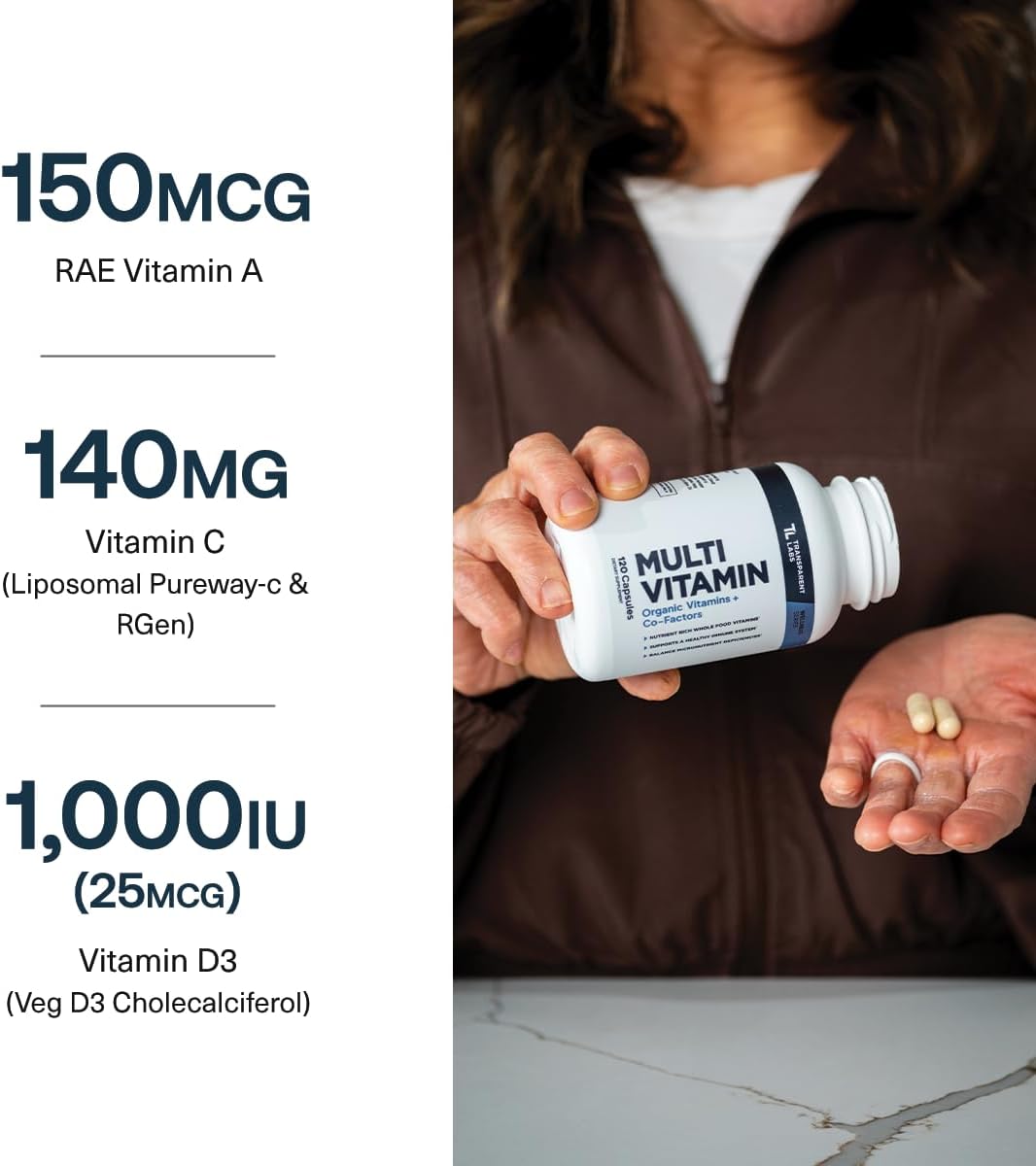 Transparent Labs Daily Multivitamin for Women - Whole-Food-Based Multivitamin for Men, Vegan, Clean, Organic Vitamin Supplement w Vitamins, Lutein, Biotin, Folate & Magnesium - 120 Capsules