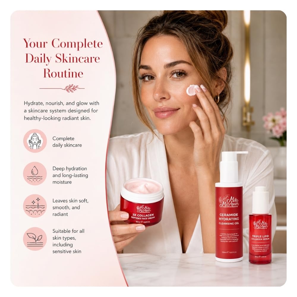 Firm & Glow Skincare Set for Women | 3-Step Daily Face Care Routine Kit | Ceramide Cleansing Gel, Triple Lipid Collagen Serum & Peptides Face Cream | Deep Hydration | All Skin Types