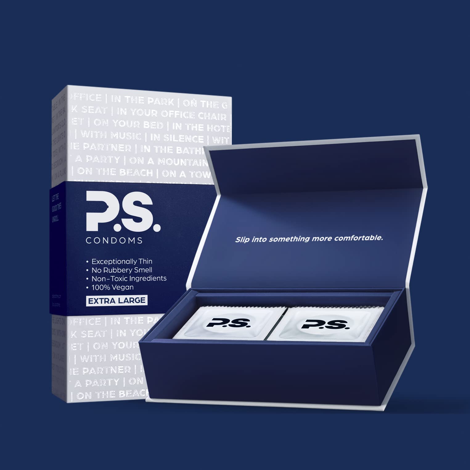 PS Condoms Exceptionally Thin Latex Condoms, Clean & Odorless, 12 Pack | Individually tested, 0.045 mm natural rubber, 40% thinner, lubricated, vegan, and free of PFAS, gluten, glycerin and parabens