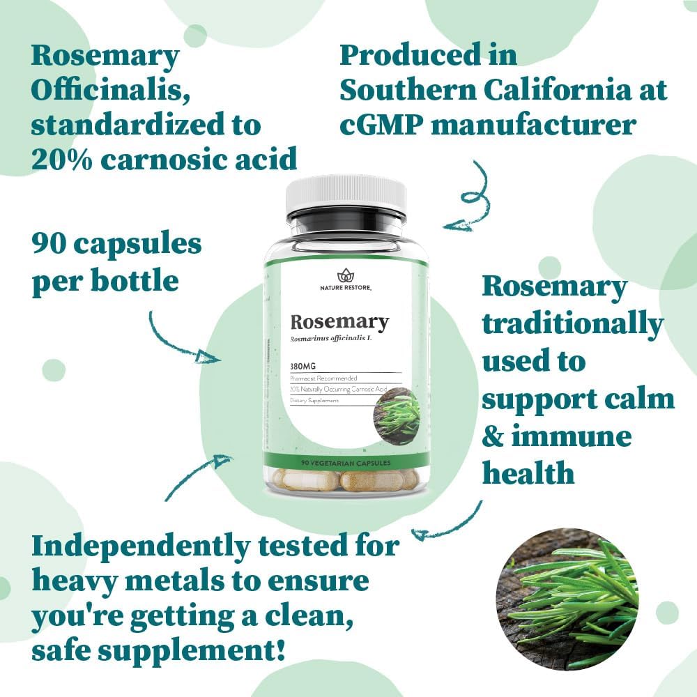 Nature Restore Rosemary Extract Supplement, Standardized to 20 Percent Carnosic Acid, 90 Capsules, Manufactured in USA, Non GMO, Gluten Free