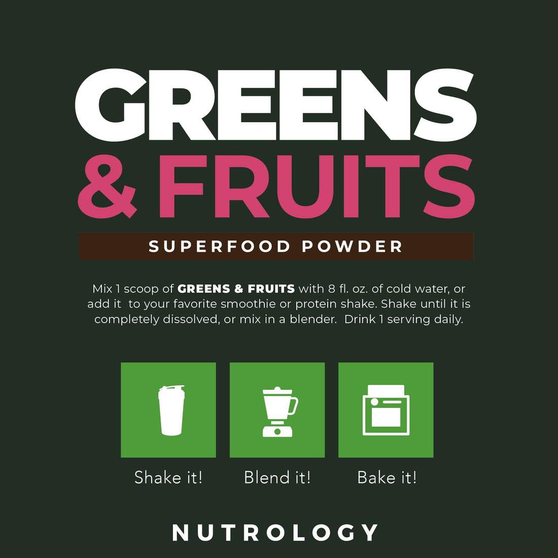 Two health products: a superfood powder container labeled 'Greens & Fruits' and a supplement bottle labeled 'Zen Restore' on a white background.
