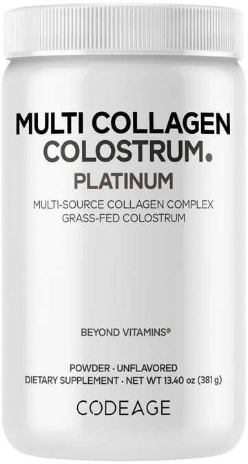 Codeage Multi Collagen Colostrum Powder Platinum - Hydrolyzed Grass-Fed Bovine Collagen Peptides, Grass-Fed Bovine Colostrum Supplement, Vitamin C, Biotin, Hyaluronic Acid, Lactoferrin - 13.4 Oz. CodeageBuy Supplements Australia