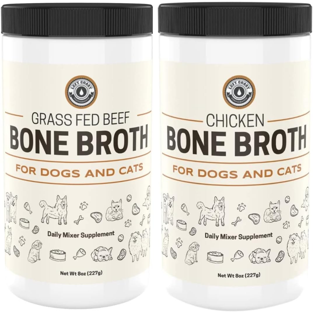 Beef and Chicken Bone Broth Powder Combo for Dogs and Cats – Human Grade Grass-Fed Bone Broth for Picky Eaters – Supports Joints and Gut Health – Dog Food Toppers