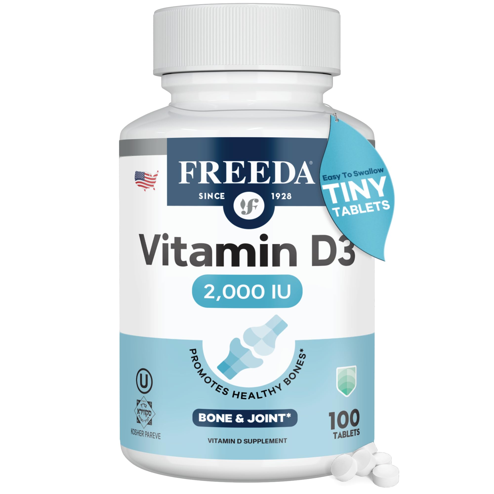 FREEDA Pure Vitamin D3 2000 IU Supplement – 250 Tiny Tablets | Moderate Strength Vitamin D3 Supplement - 50 mcg (2,000 IU) Supporting Bone, Joint, Muscle, and Immune Health for Women & Men