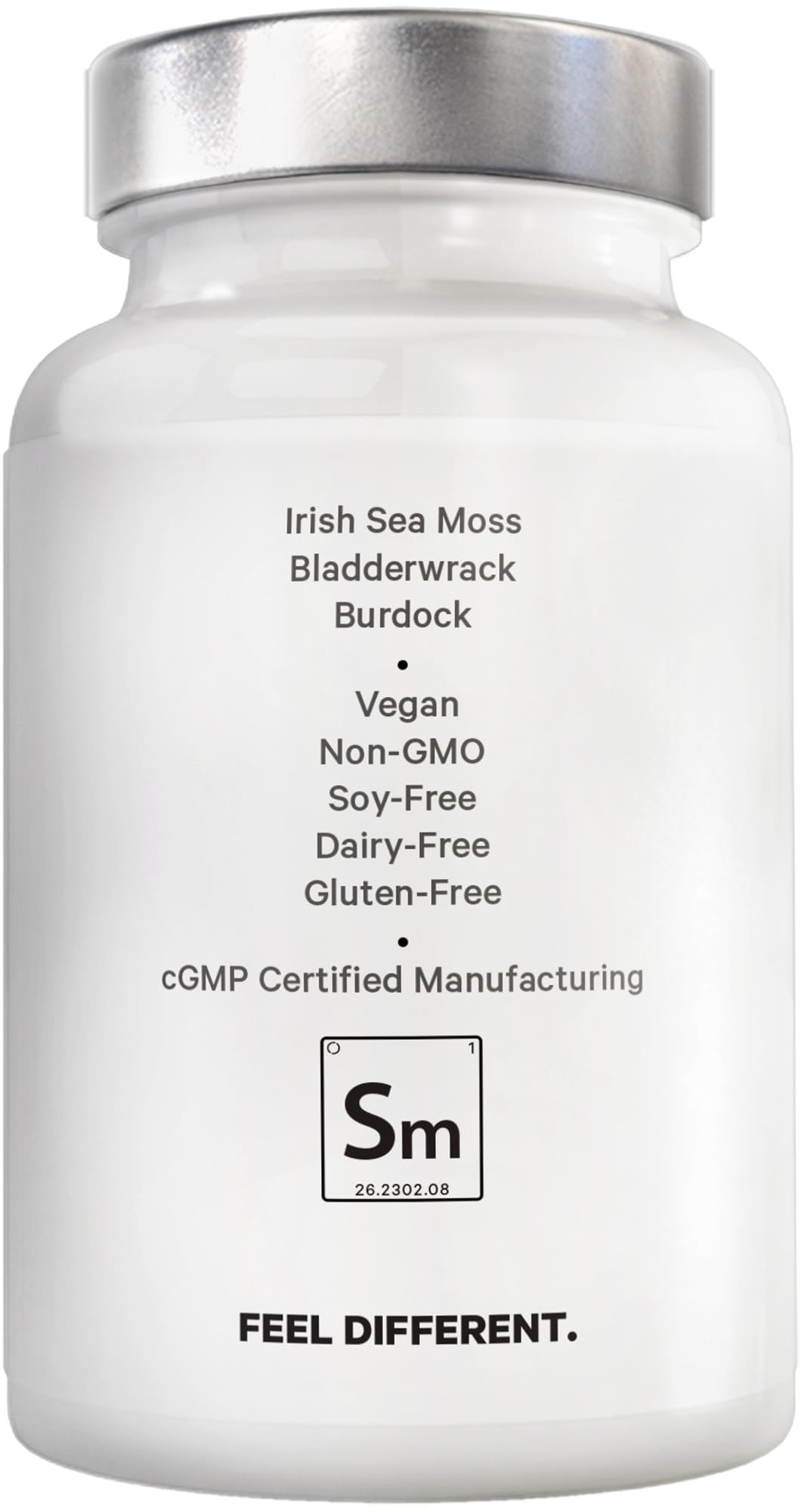 Supplement bottle labeled 'Amen Sea Moss' with vitamins on a white background