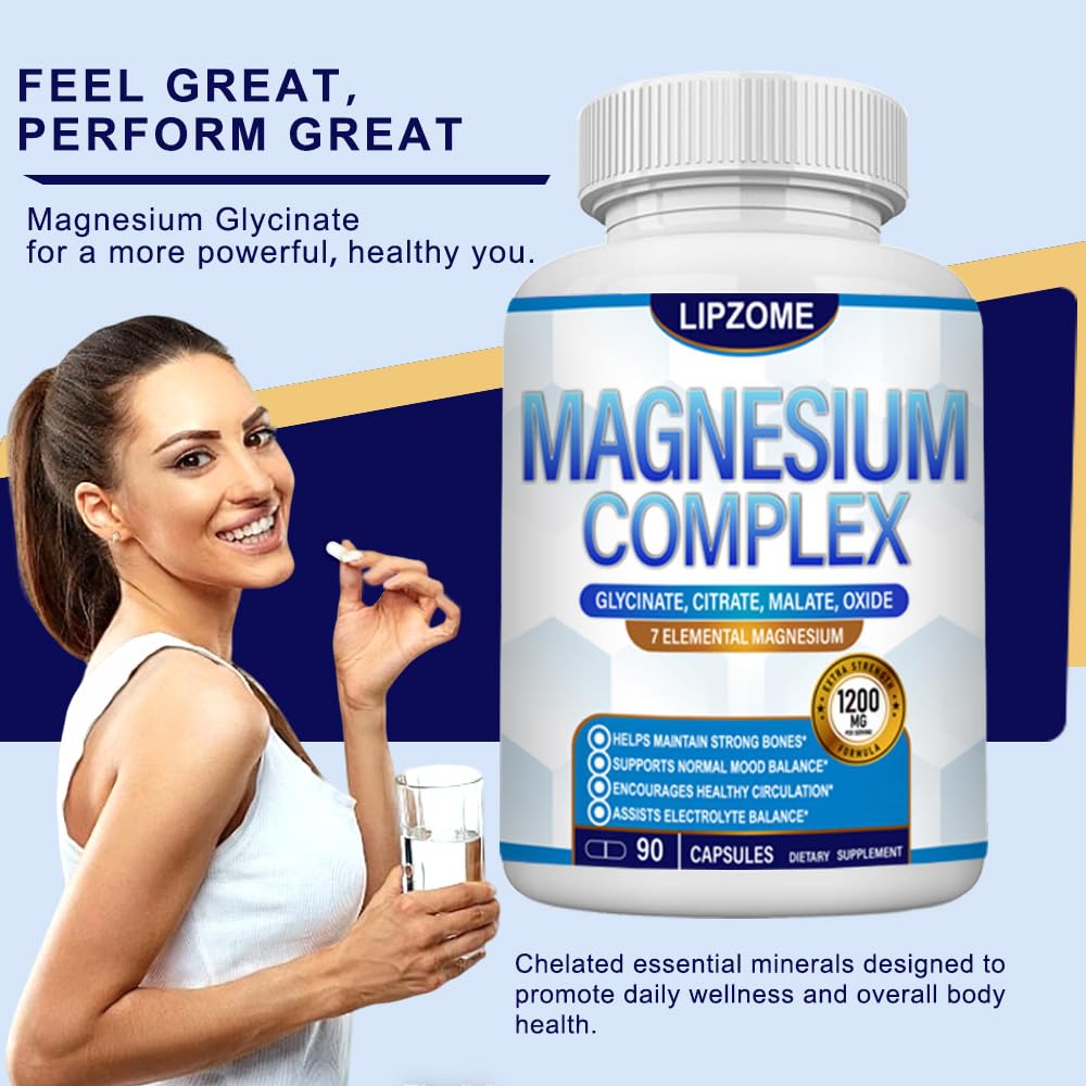Lipzone Magnesium Complex supplement bottle with health benefits listed, surrounded by nuts, bananas, and an avocado.
