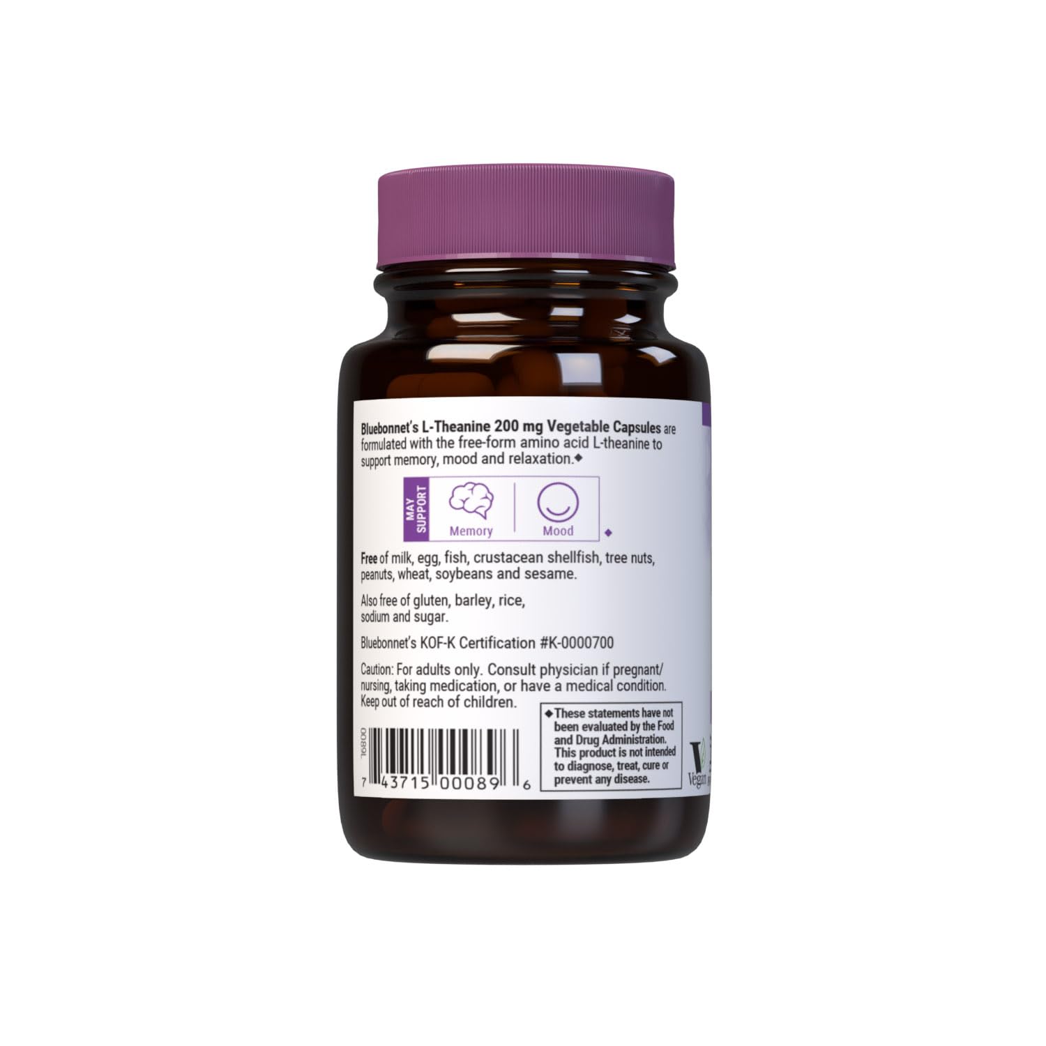 Bluebonnet Nutrition L-Theanine 200mg, Free-Form Amino Acid, Promotes Relaxation*, Soy-Free, Gluten-Free, Non-GMO, Kosher Certified, Vegan, 60 Vegetable Capsules, 60 Servings