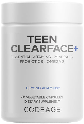 Codeage Teen Clearface Adolescent Face, Skin & Pimples, Vitamins A, C, D3, E, Pantothenic Acid, Niacin, Zinc Supplement Teenagers, Probiotics, L-Lysine, Omega-3, Oily Skin, Pores, Spots - 60 Capsules CodeageBuy Supplements Australia
