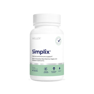 White bottle of Simplix dietary supplement by Wellex on a white background
