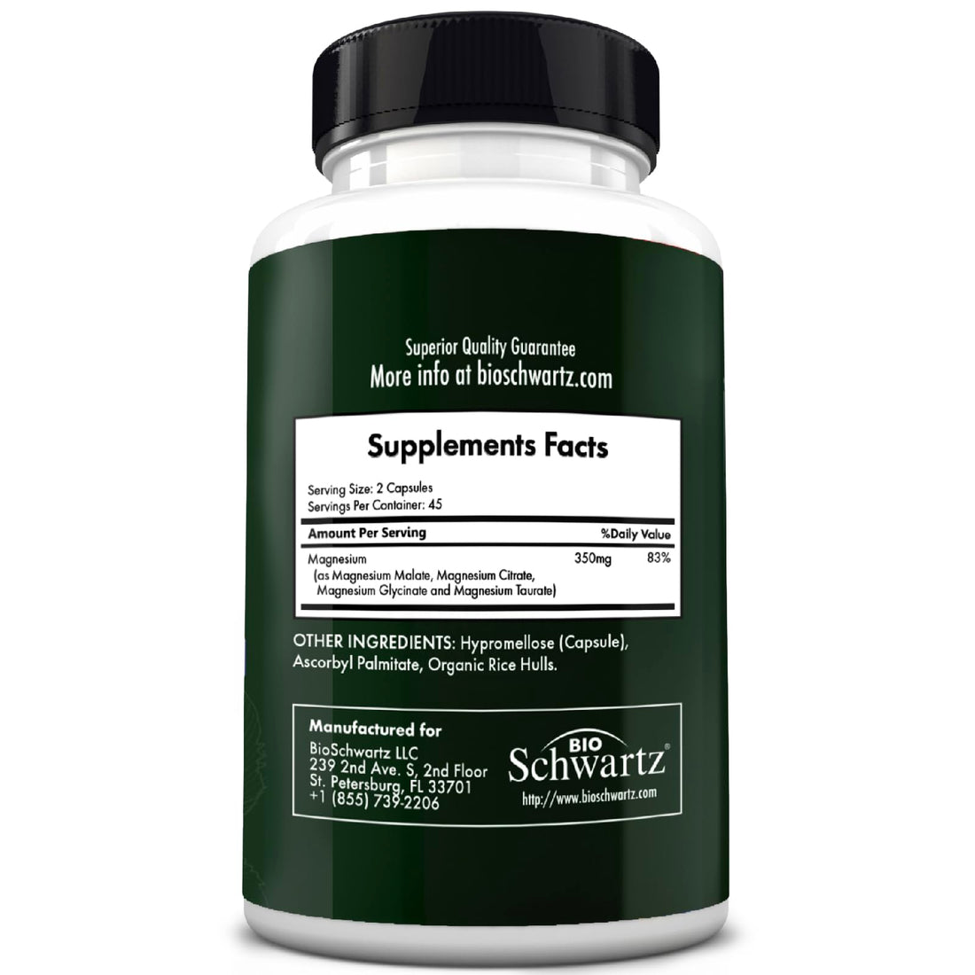 Supplement bottle labeled '4-IN-1 Magnesium Complex' by BioSchwartz on a white background